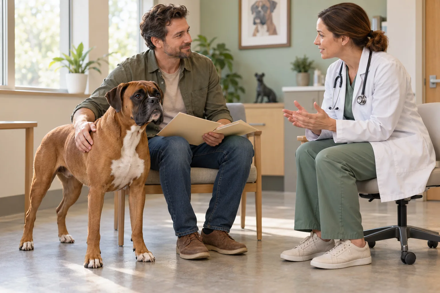 A dog and owner discussing a document with a veterinary professional